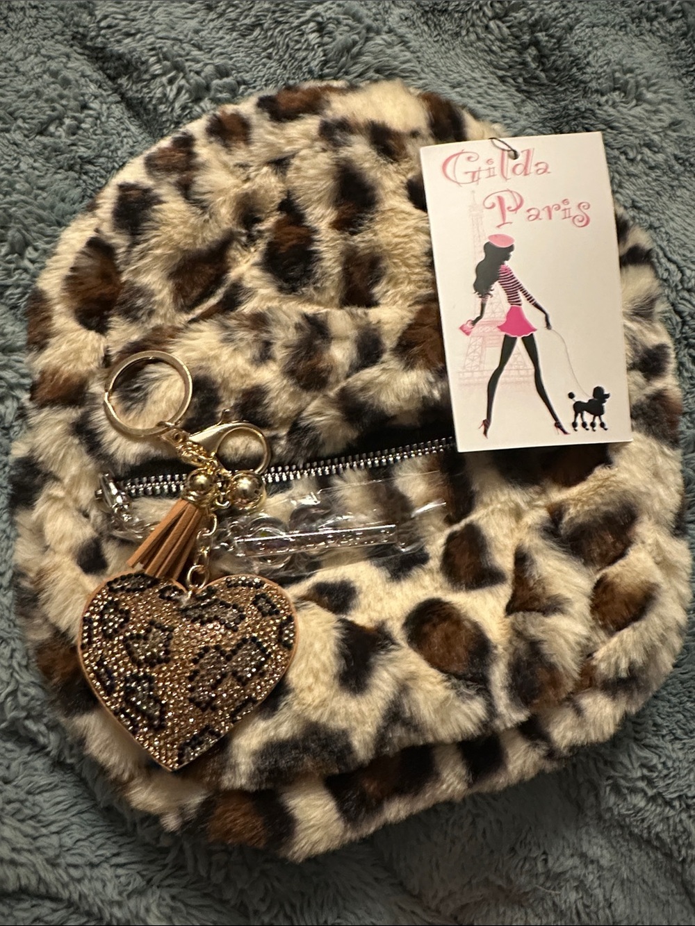 Gilda Paris Leopard Faux Fur Mini Backpack with Heart Keychain - Brown/Cream